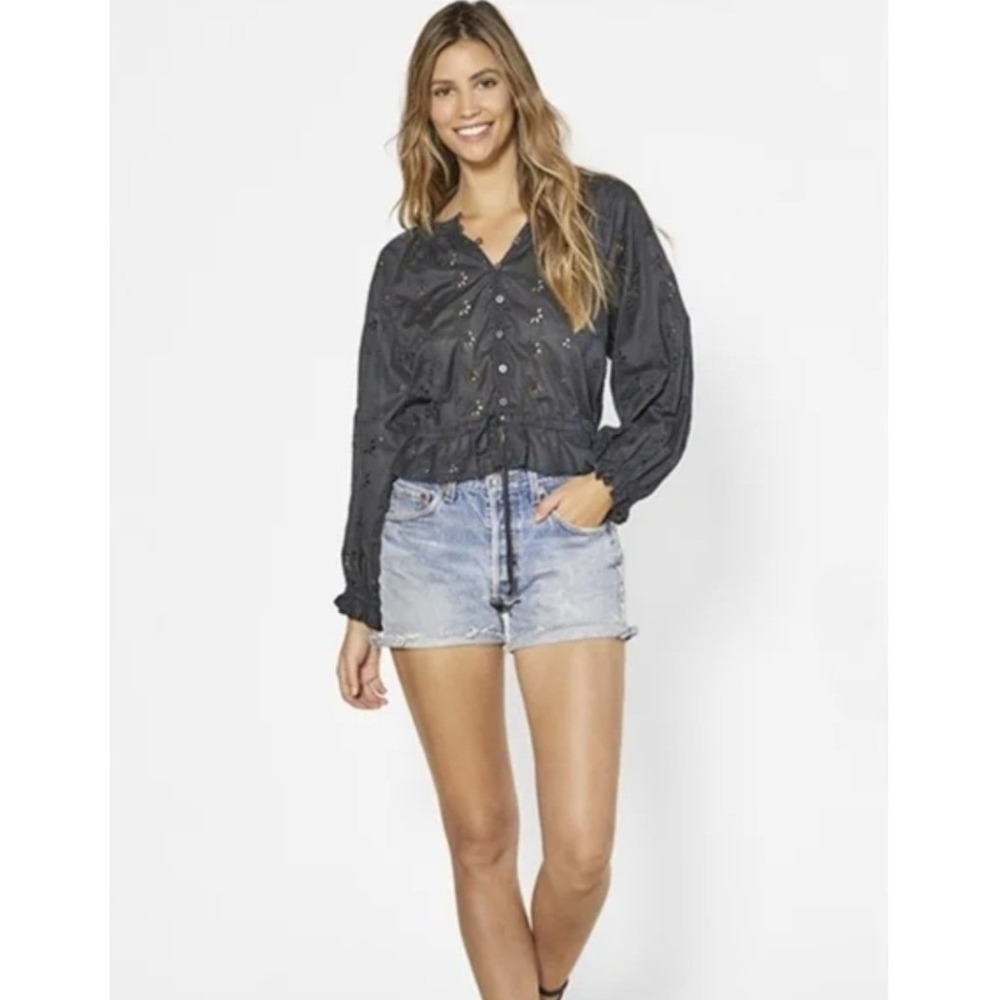 Outerknown Poet Blouse Top Black Eyelet Organic Cotton Casual Peplum NEW‎ XS - Picture 2 of 6